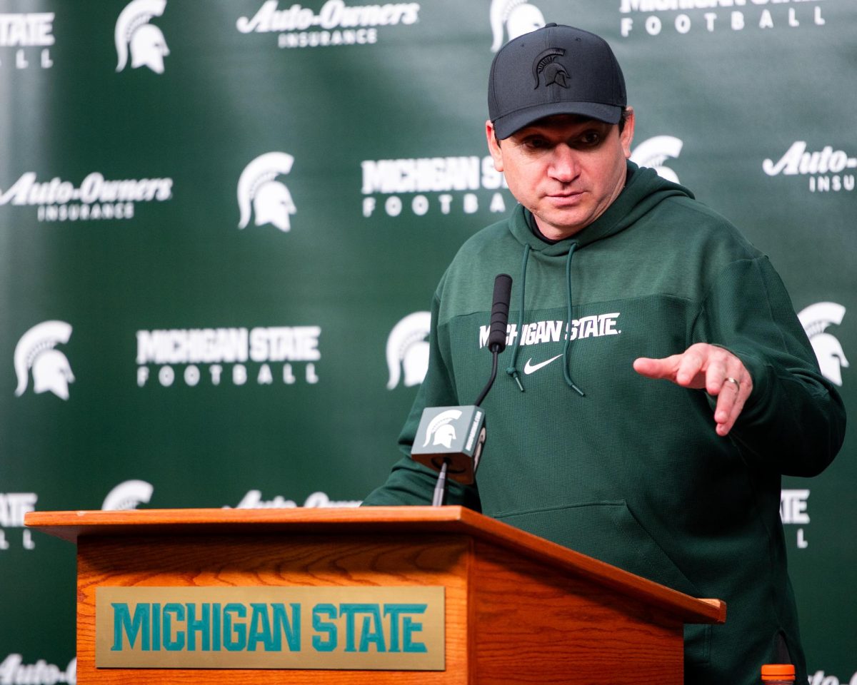 MSU Head Coach Jonathan Smith speaks to the media after the Spring Showcase on Saturday, April 20, 2024 at Spartan Stadium in East Lansing, MI. (Jack Moreland)