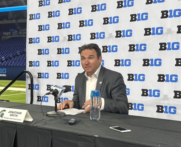 Michigan State head coach Jonathan Smith addresses the media during the 2024 Big Ten Media Days.