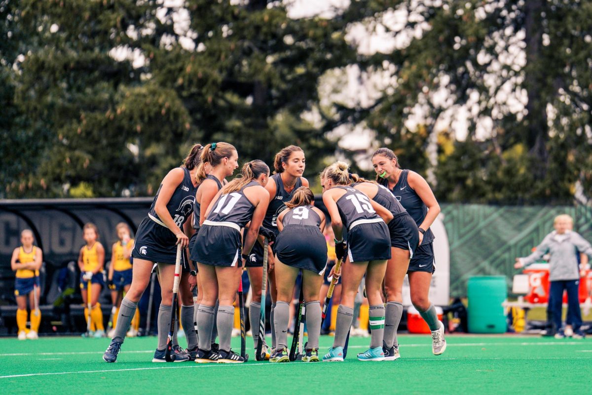 MSU field hockey team discusses strategy during matchup versus Michigan. (Sept. 23, 2023)