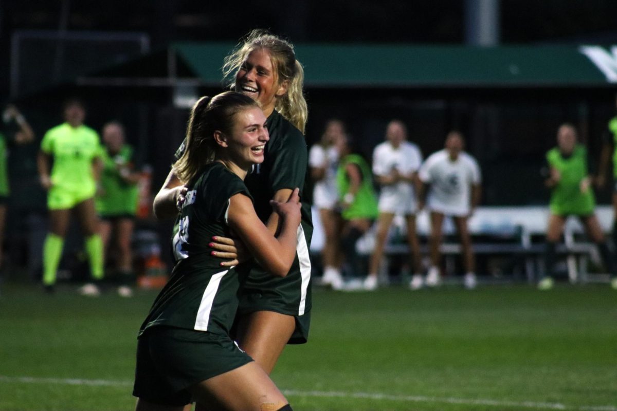 MSU senior forward Jordyn Wickes celebrates play with graduate forward Mackenzie Anthony. 