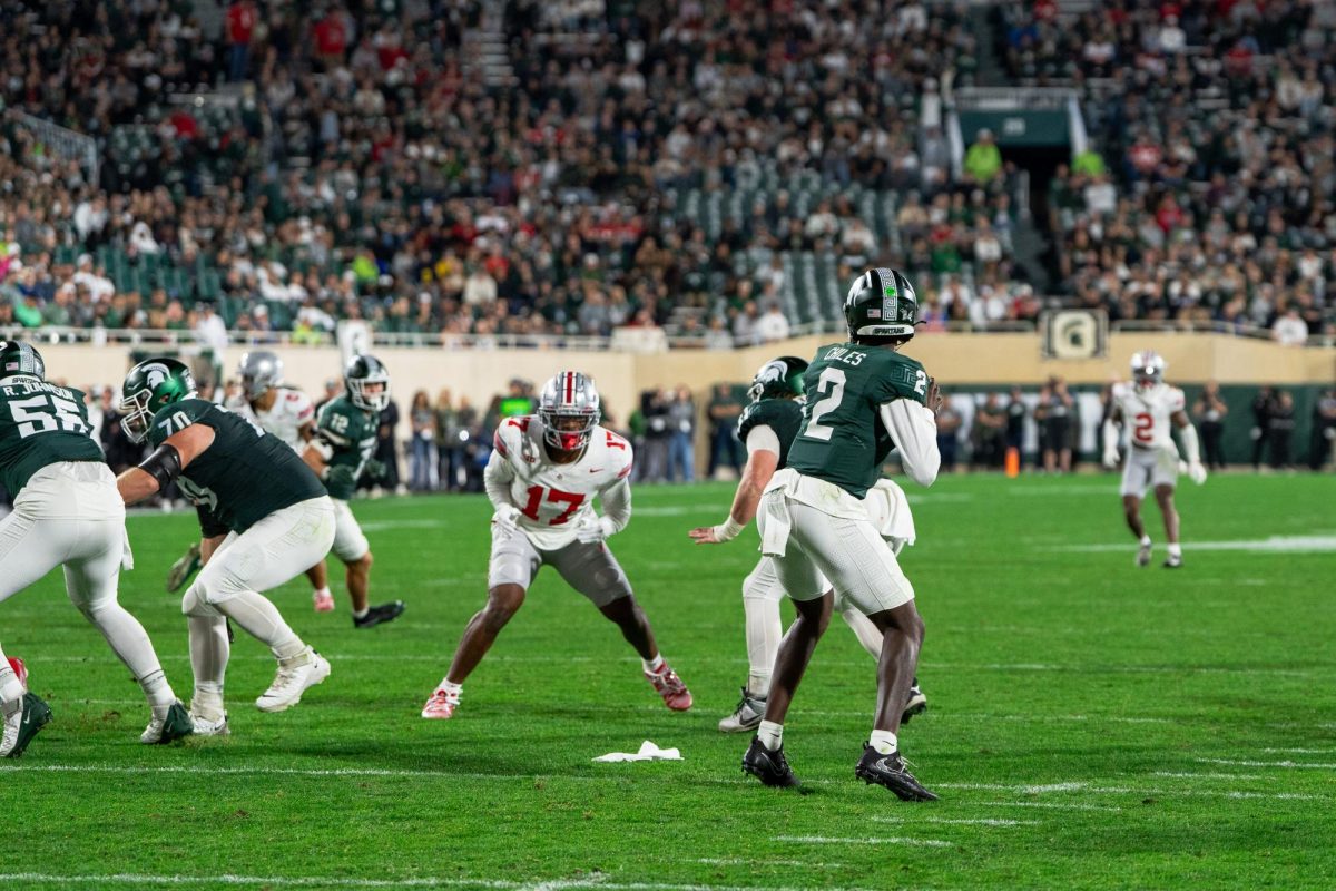 MSU QB Aidan Chiles drops back to pass versus No. 3 Ohio State. (Sept. 28, 2024)