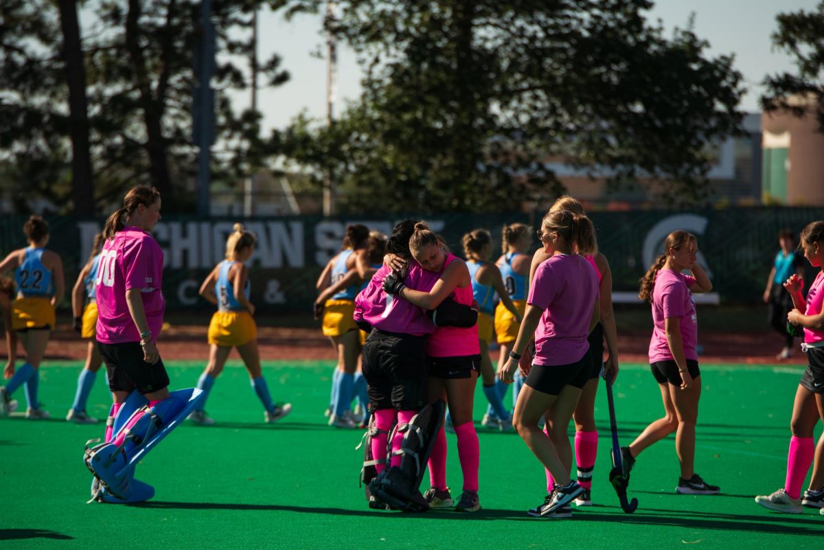 MSU field hockey moments after suffering tough 2OT-shootout loss to Kent State (Oct. 6, 2024). 