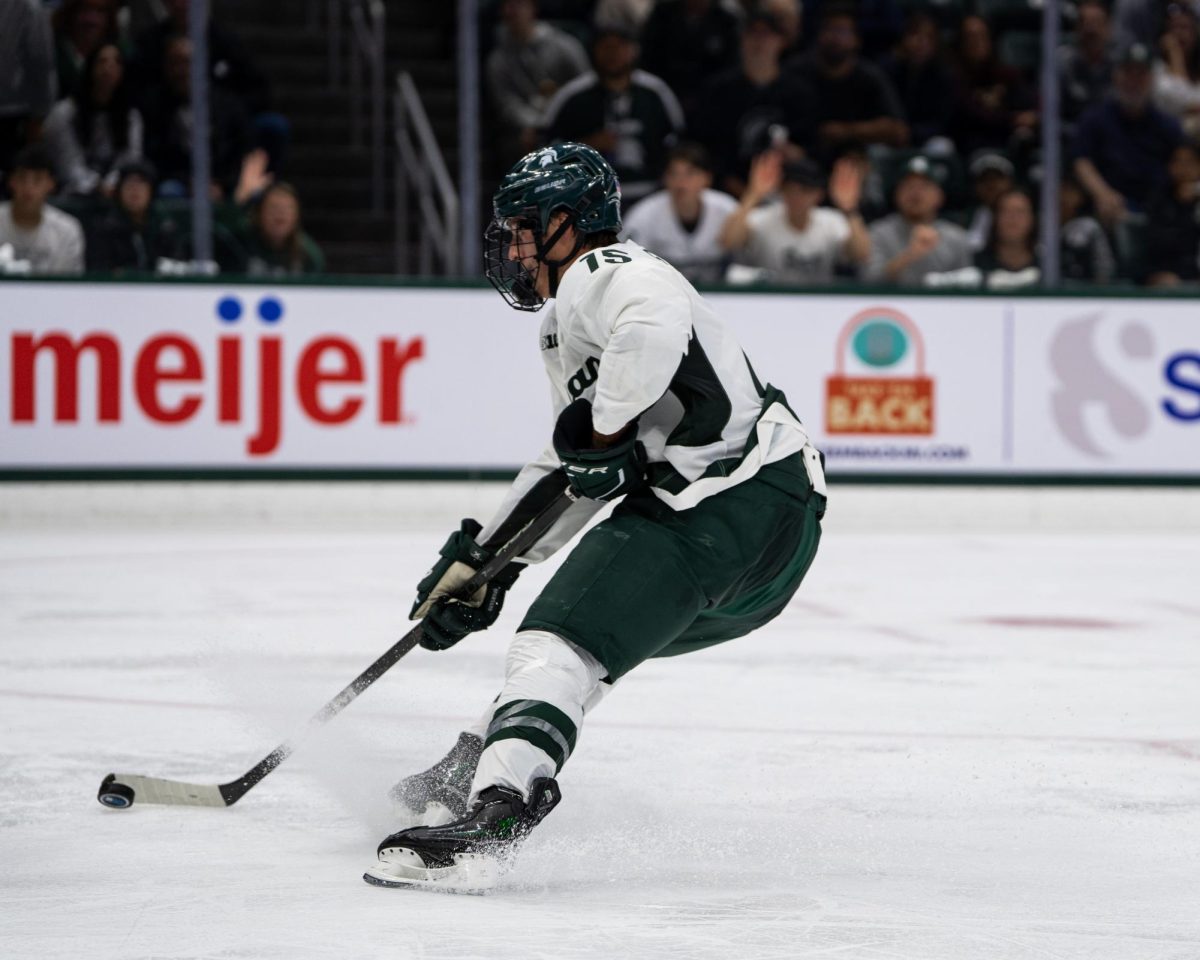 MSU center Charlie Stramel generates offense in MSU hockey's two game weekend versus No. 2 Boston College (East Lansing , Oct.11, 2024). 