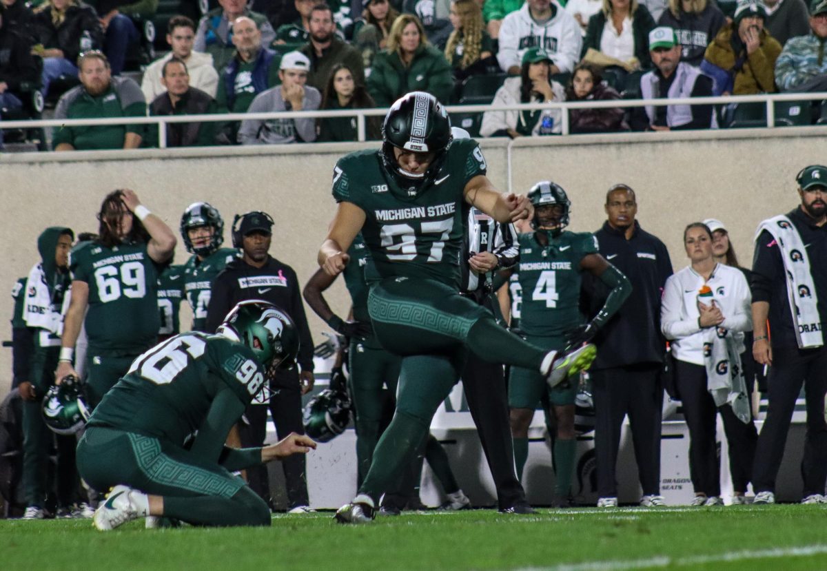 MSU K Jonathan Kim drills program record six field goals in the Spartans victory over Iowa (East Lansing, Oct. 19 2024). 