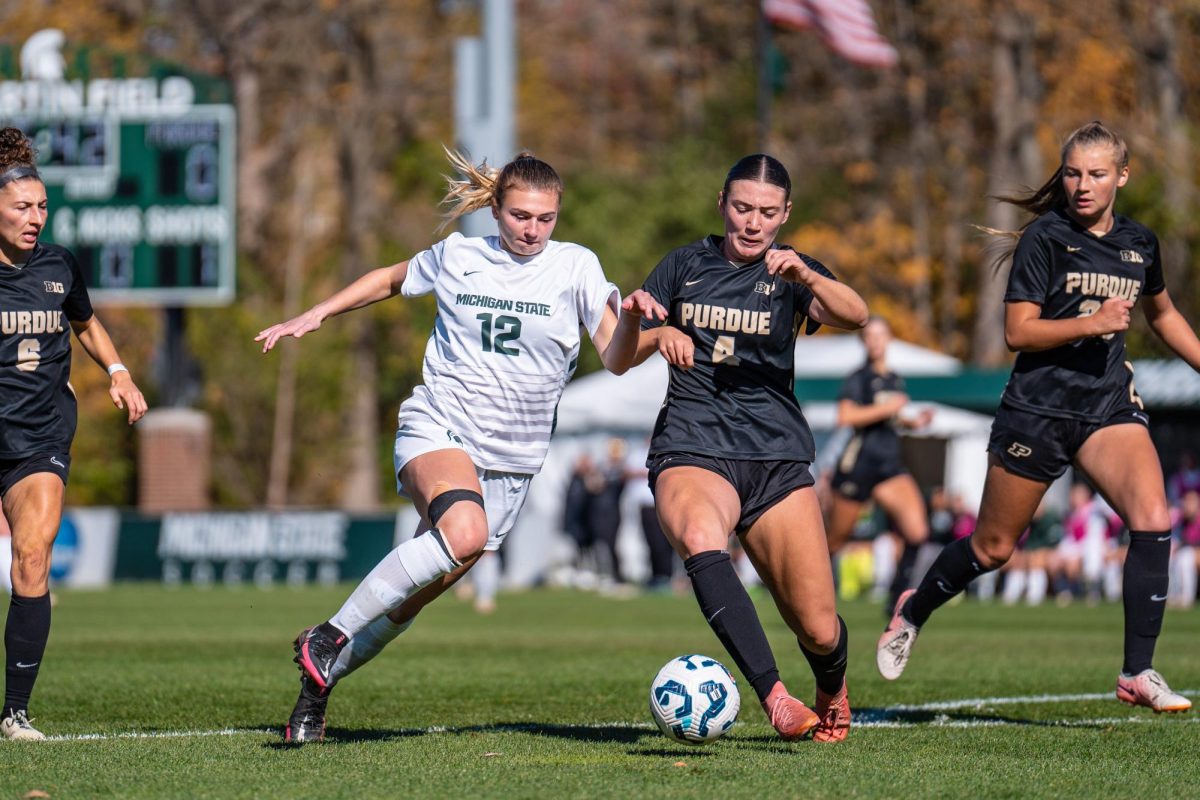 MSU women's soccer battles with Purdue during the final regular season game of 2024 (East Lansing, Oct. 27 2024). 