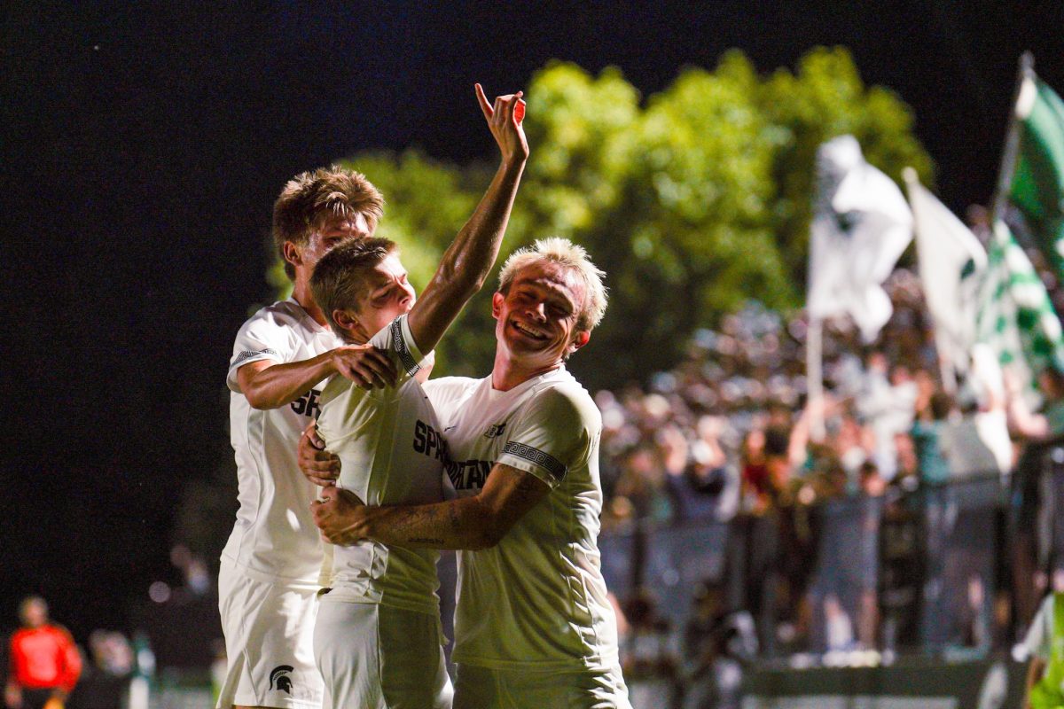 MSU men's soccer celebrates after goal versus Washington (East Lansing, Sept. 13, 2024)