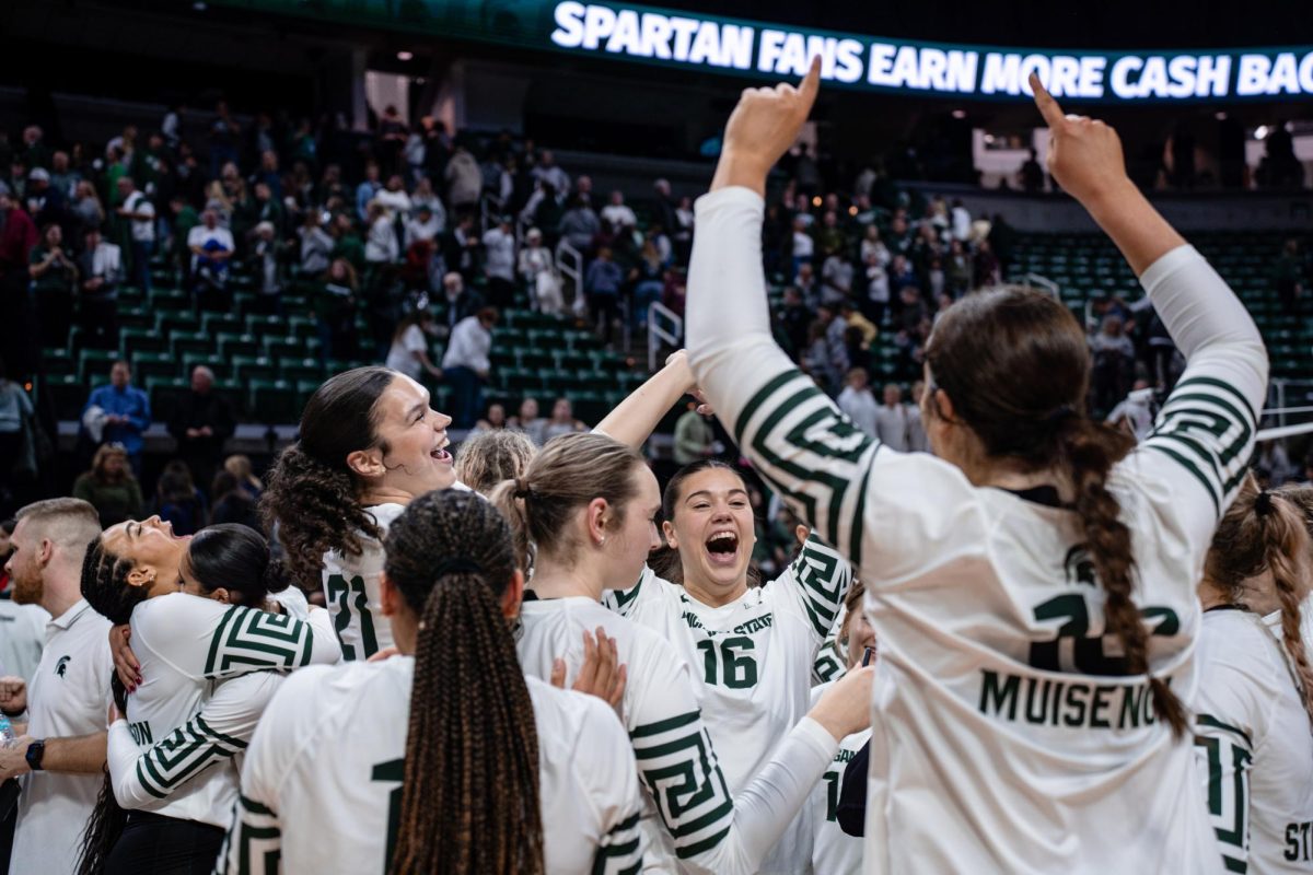 MSU volleyball celebrating after the win against Michigan. (East Lansing, Nov.15, 2024.)