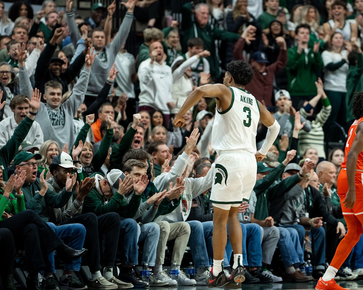 MSU guard Jaden Aikens celebrates after comeback victory over Bowling Green (East Lansing, Nov. 16, 2024)