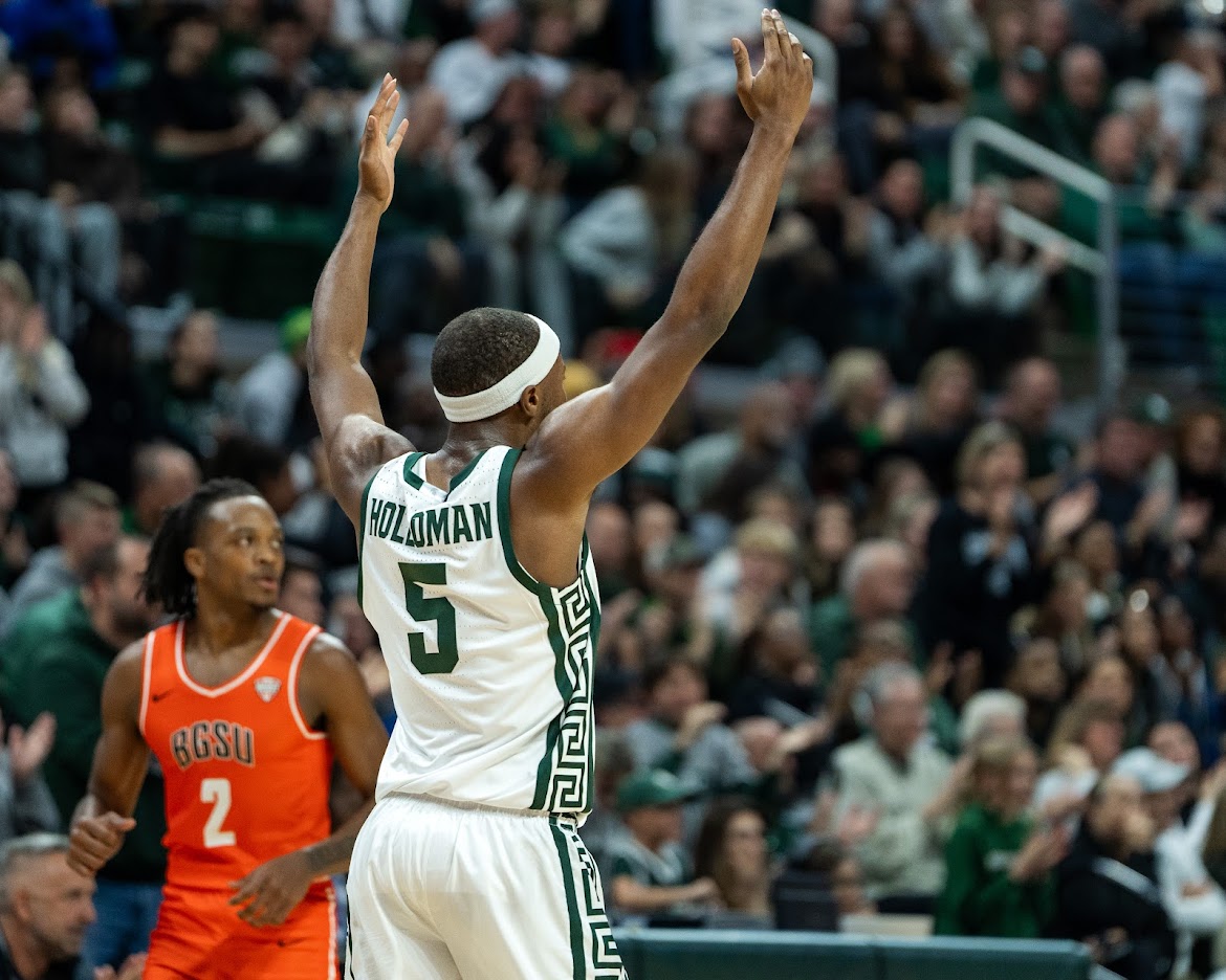 MSU guard Tre Holloman celebrates during the Spartans win over Bowling Green (East Lansing, Nov. 16 2024)