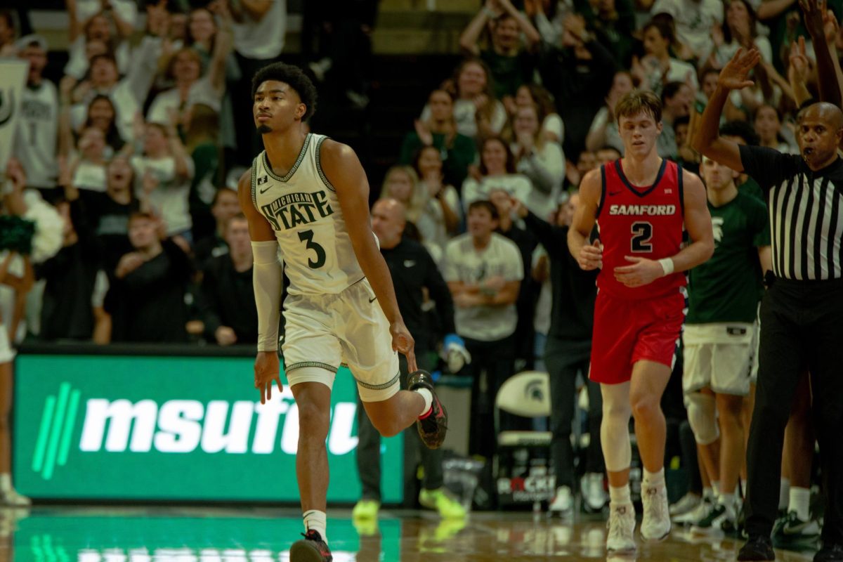 MSU senior guard Jaden Akins celebrating after three-pointer versus Samford on Nov. 19, 2024.