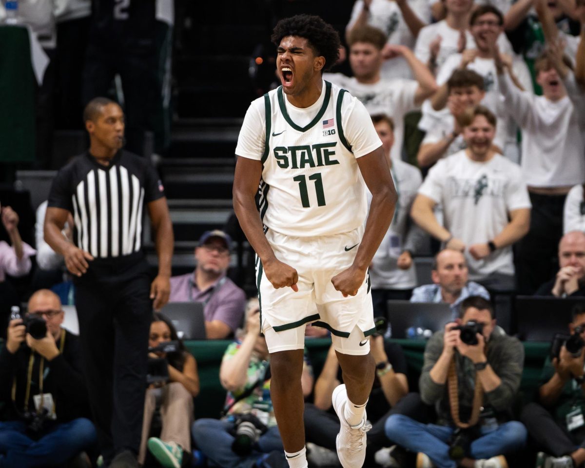 MSU freshman Jase Richardson celebrates during MSU's win over Monmouth (East Lansing, Nov. 4, 2024).