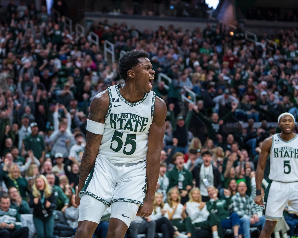 MSU sophomore forward Coen Carr celebrates during career-high performance against FAU (East Lansing, Dec. 21 2024).