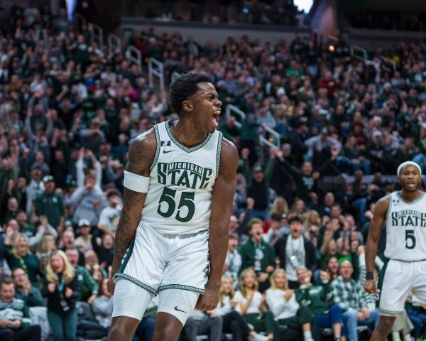 MSU sophomore forward Coen Carr celebrates during career-high performance against FAU (East Lansing, Dec. 21 2024).