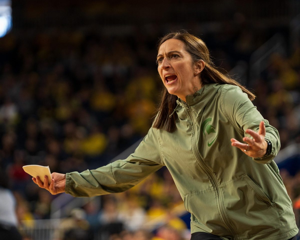 MSU head coach Robyn Fralick coaches the Spartans in it's battle with No. 24 Michigan (Ann Arbor, Jan. 25 2025).