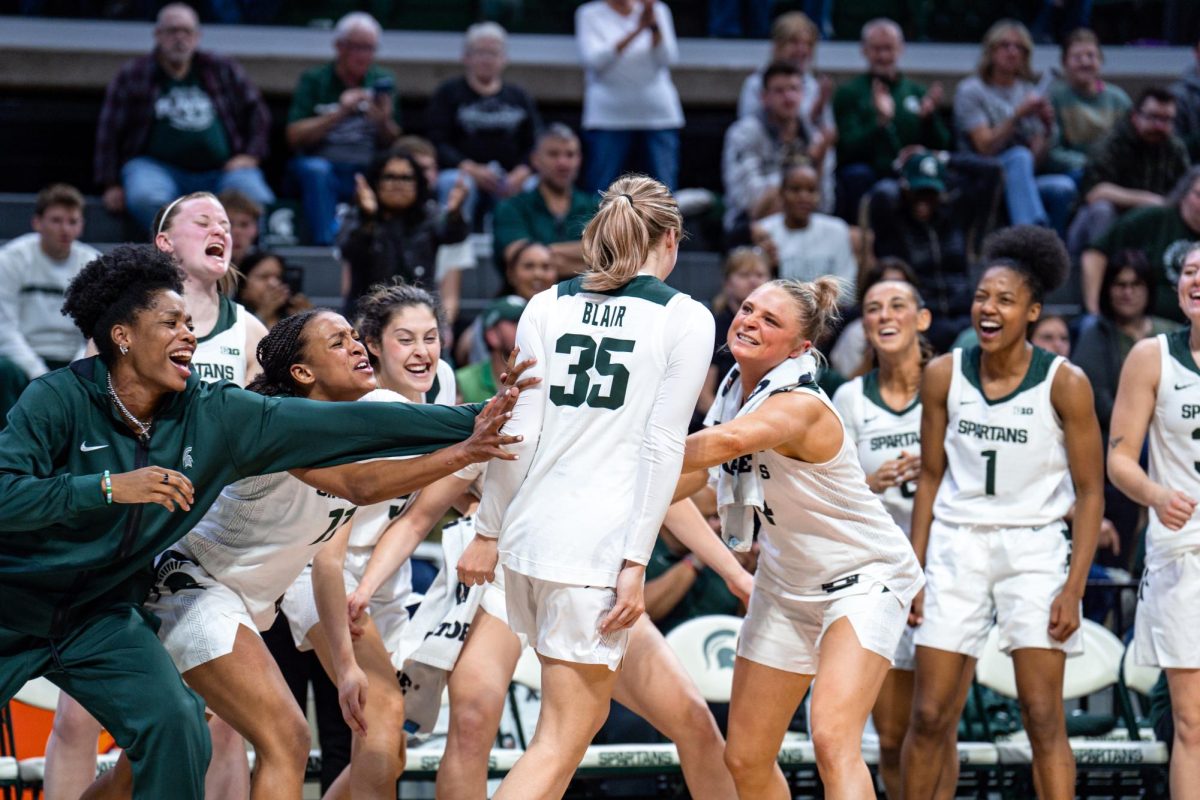 MSU women's basketball bench celebrating versus Wayne State. (East Lansing, Oct. 28 2024).