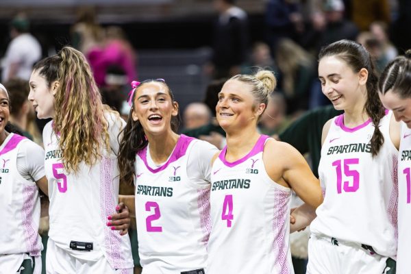 MSU women's basketball all smiles after win against Indiana (East Lansing, Feb. 23 2025). 