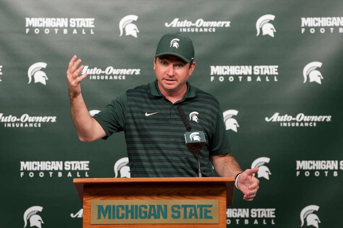 MSU head football coach Jonathan Smith at post-game conference following the Ohio State game at Spartan Stadium. (East Lansing, Sept. 28, 2024). 