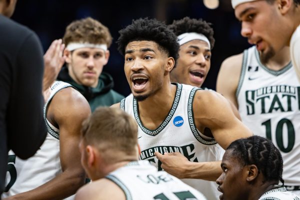 MSU senior guard Jaden Akins vocal in team timeout during battle with No. 10-seed New Mexico in the Round of 32 (Cleveland, Mar. 23 2025).