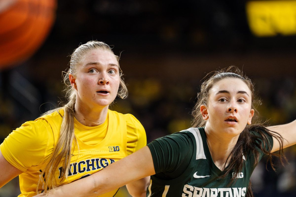 MSU guard Ines Sotelo boxes out against No. 7 Michigan (Ann Arbor, Feb. 15, 2026)