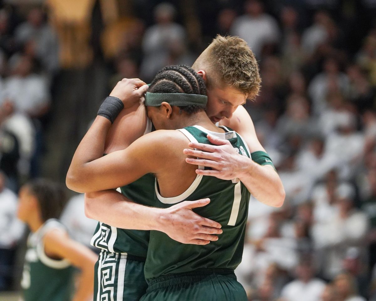 Michigan State's Jeremy Fears(1) and Jaxon Kohler(0) hug pregame against the Purdue Boilermakers in West Lafayette, Thursday, Feb. 26th, 2026.