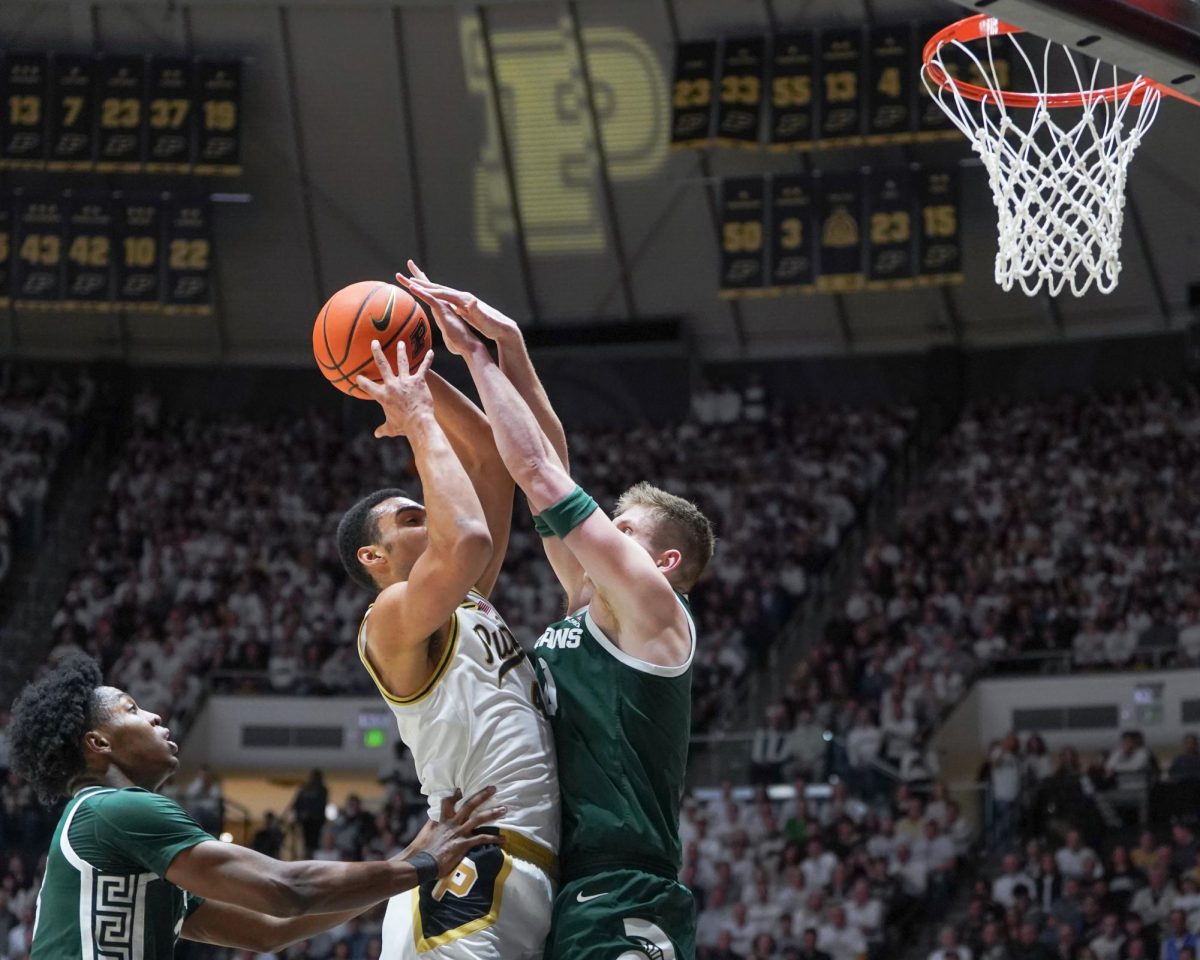 Michigan State's Jaxon Kohler(0) guards Purdue Boilermaker Trey Kaufman-Renn(4) in West Lafayette, Thursday, Feb. 26th, 2026.