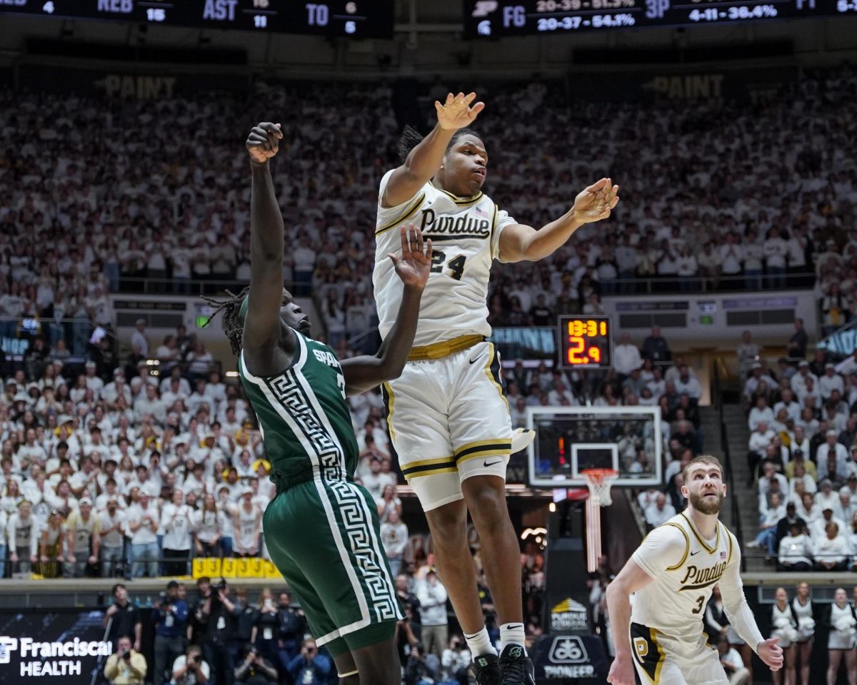 Michigan State's Kur Teng(2) shoots over Purdue Boilermaker Gicarri Harris(24) in West Lafayette, Thursday, Feb. 26th, 2026.