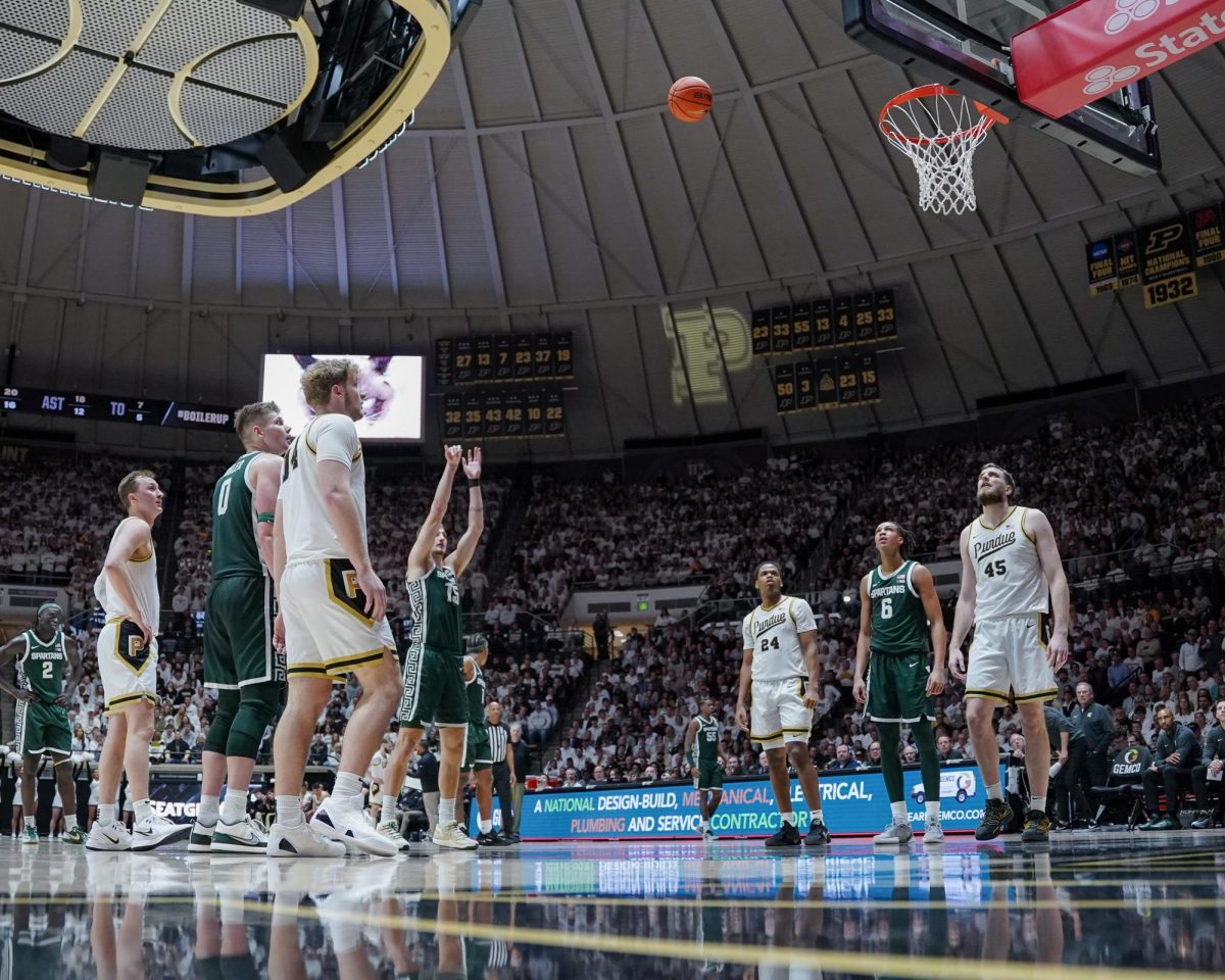 Michigan State's Carson Cooper(15) shoots a free throw against the Purdue Boilermakers in West Lafayette, Thursday, Feb. 26th, 2026.