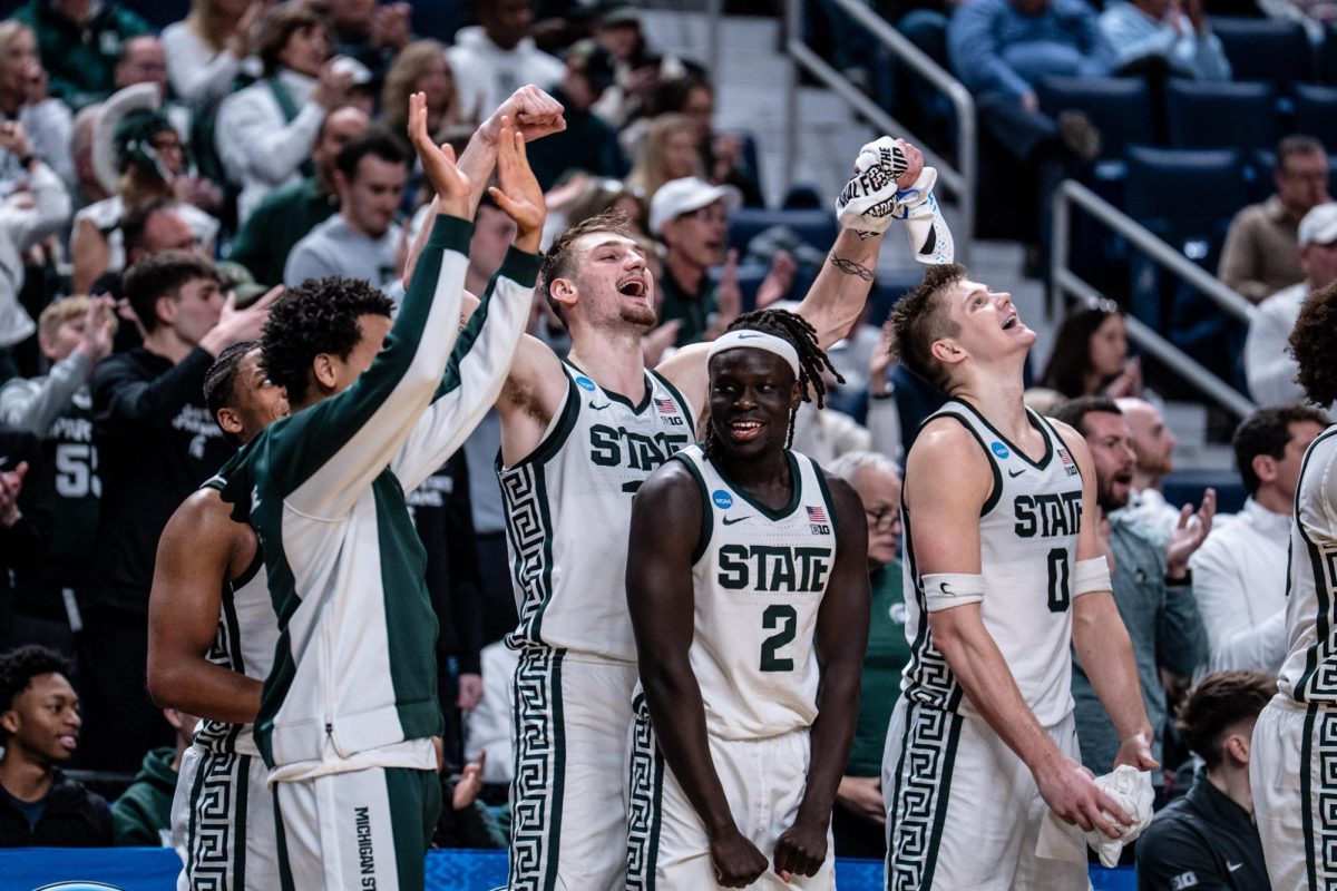 Michigan State men's basketball celebrates on the bench during the win over North Dakota State in the First Round of the NCAA Tournament. (Buffalo, N.Y, March 19, 2026)