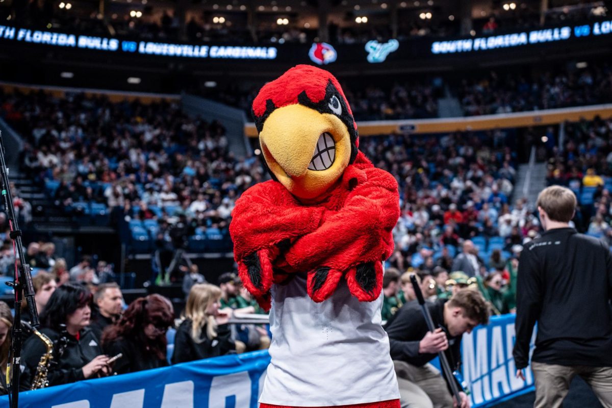 Louisville mascot Louie poses during the Cardinals' First Round matchup against USF. (Buffalo, N.Y., March 19, 2026)