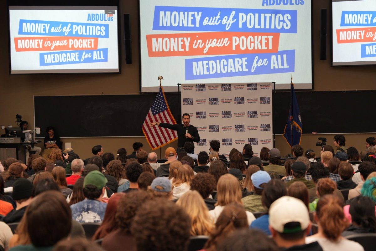 Abdul El-Sayed addresses the crowd at his campaign rally event at Anthony Hall April 7.